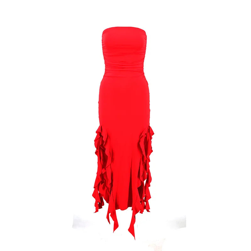 Elegant Strapless Dress For Women Summer Trend Irregular Tassel Skinny Split Long Dress Party Clubwear 2024 Women Outfit - Clothing in ##color## by Style Heaven | High-Quality & Trendy Fashion