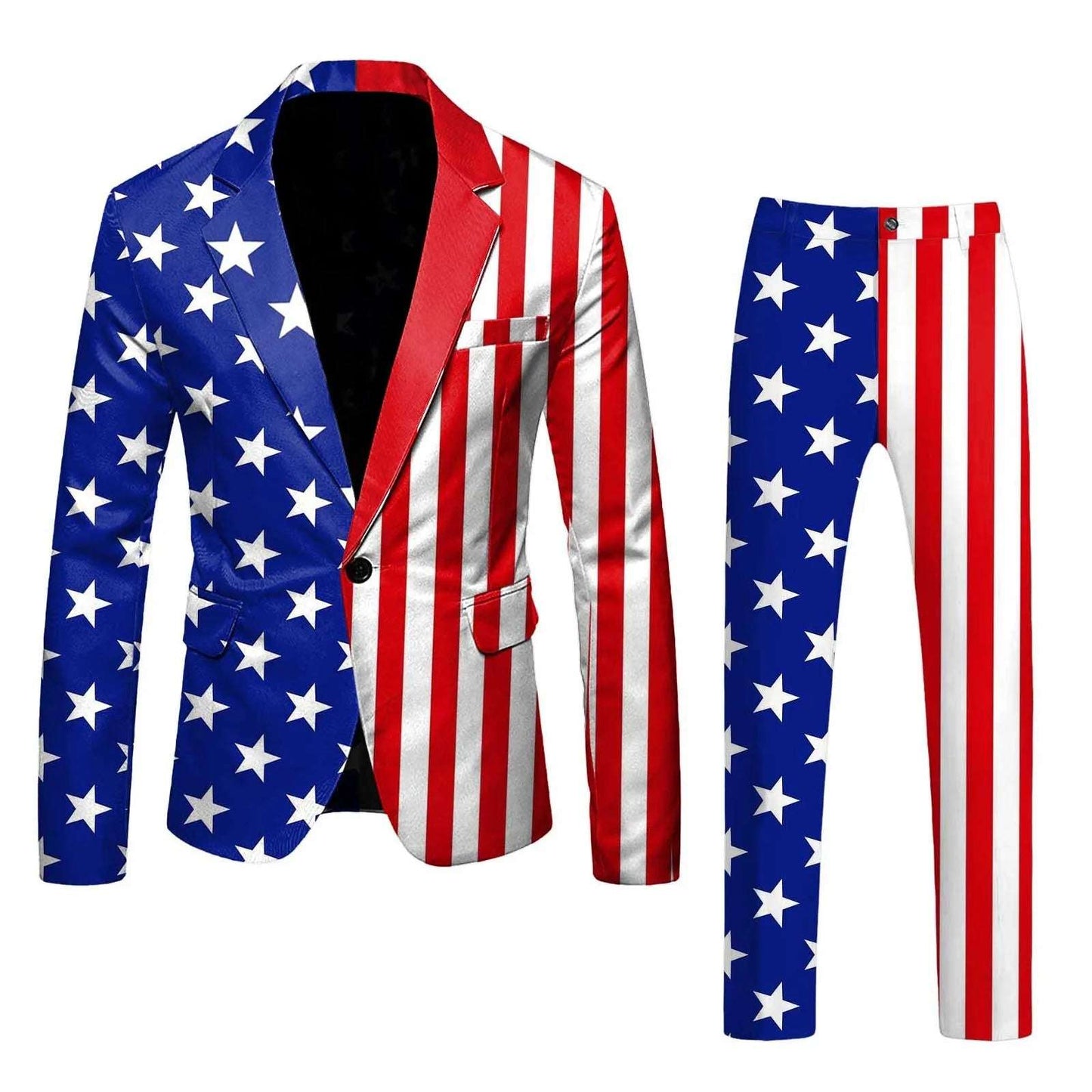 Suits - 2 Piece Set Men's Independence Day Blazer Long Sleeve Coat And Pants Set Printed Flag Button Suit Holiday Party Men's Suit Set