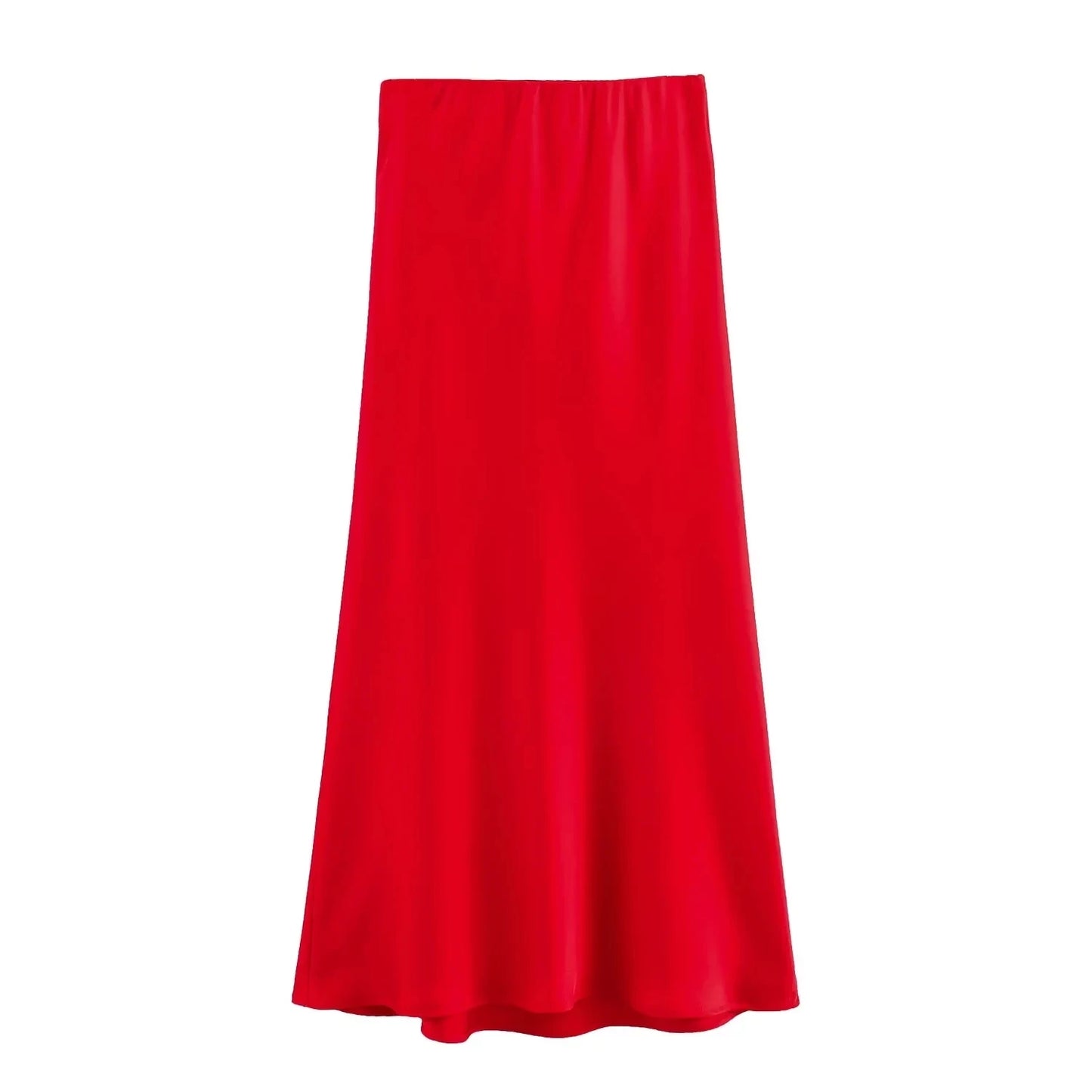 Women's Fashion Flowing Satin Midi Skirt Women Vintage Elastic High Waist Flared hem High Street Female Skirt