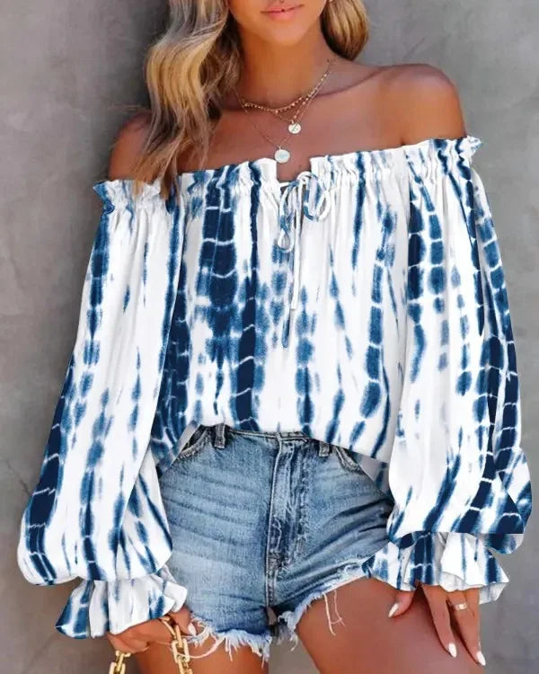 Sexy Slash Neck Off The Shoulder Strapless Lace Up Long Sleeve Floral Print Blouse Tops Summer Lady OL Workwear Blouse Shirts-Style Heaven