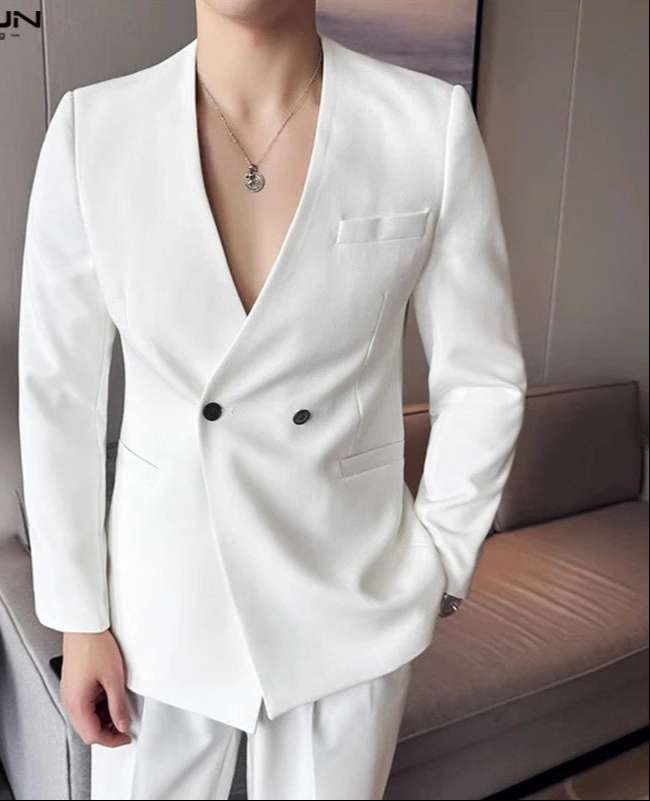 Men Sexy Solid Color Tops Casual Long Sleeve Blazer Bottun Pocket Elegant Suits Korean Fashion V-neck Coats S-5XL - Fashion Apparel in ##color## by Style Heaven | High-Quality & Trendy Fashion