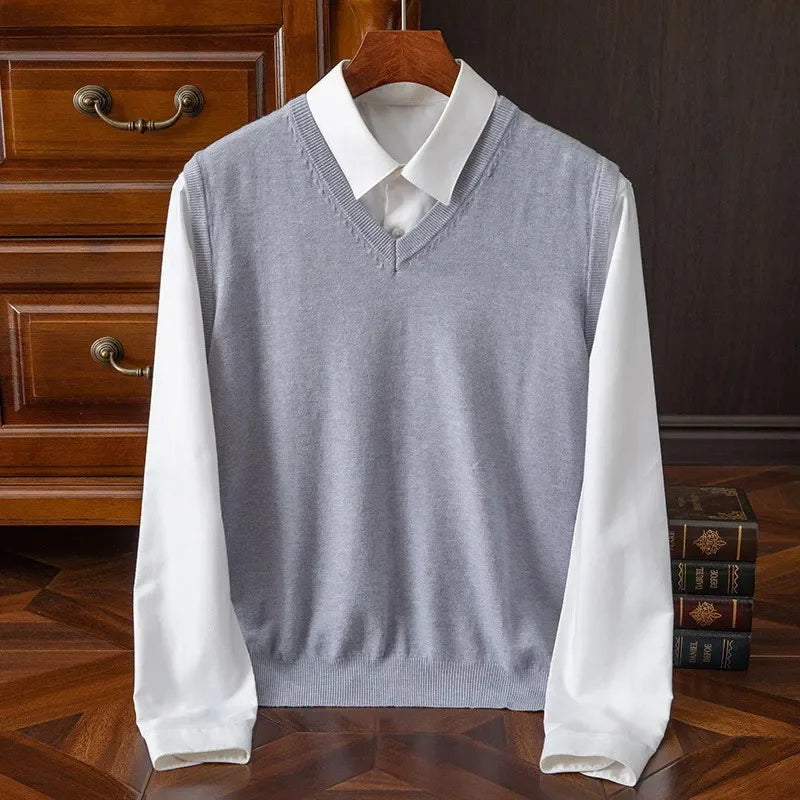 Cashmere Knitted Sweater Vest Men's Clothing V-neck Solid Color Pullover Camisole Bottom Spring Autumn Tops-Style Heaven