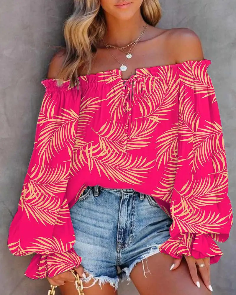 Sexy Slash Neck Off The Shoulder Strapless Lace Up Long Sleeve Floral Print Blouse Tops Summer Lady OL Workwear Blouse Shirts-Style Heaven