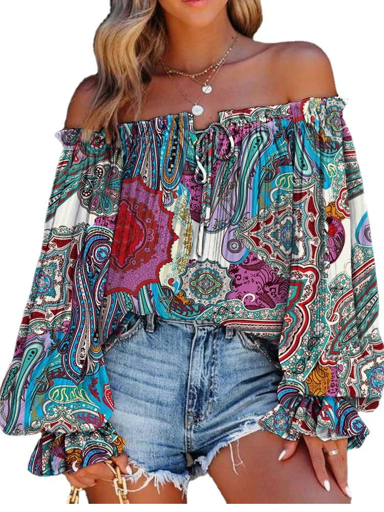 Sexy Slash Neck Off The Shoulder Strapless Lace Up Long Sleeve Floral Print Blouse Tops Summer Lady OL Workwear Blouse Shirts-Style Heaven