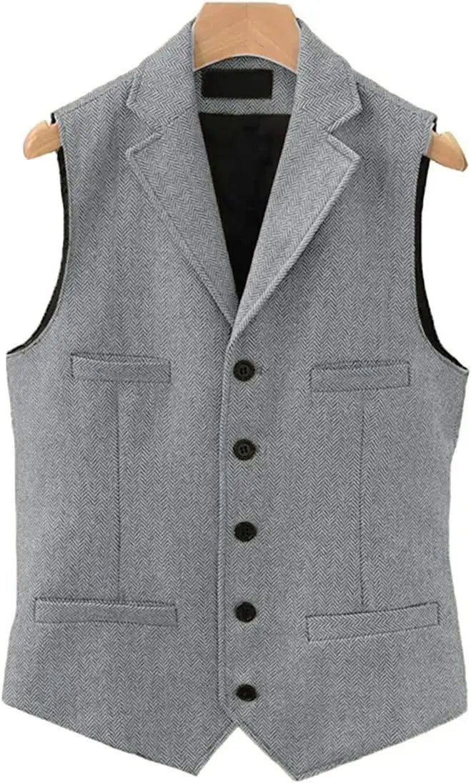 Tweed Herringbone Mens Suit Vest Slim Fit Notch Lapel With 4 Pockets Groomsmen Wedding Waistcoat For Wedding-Style Heaven