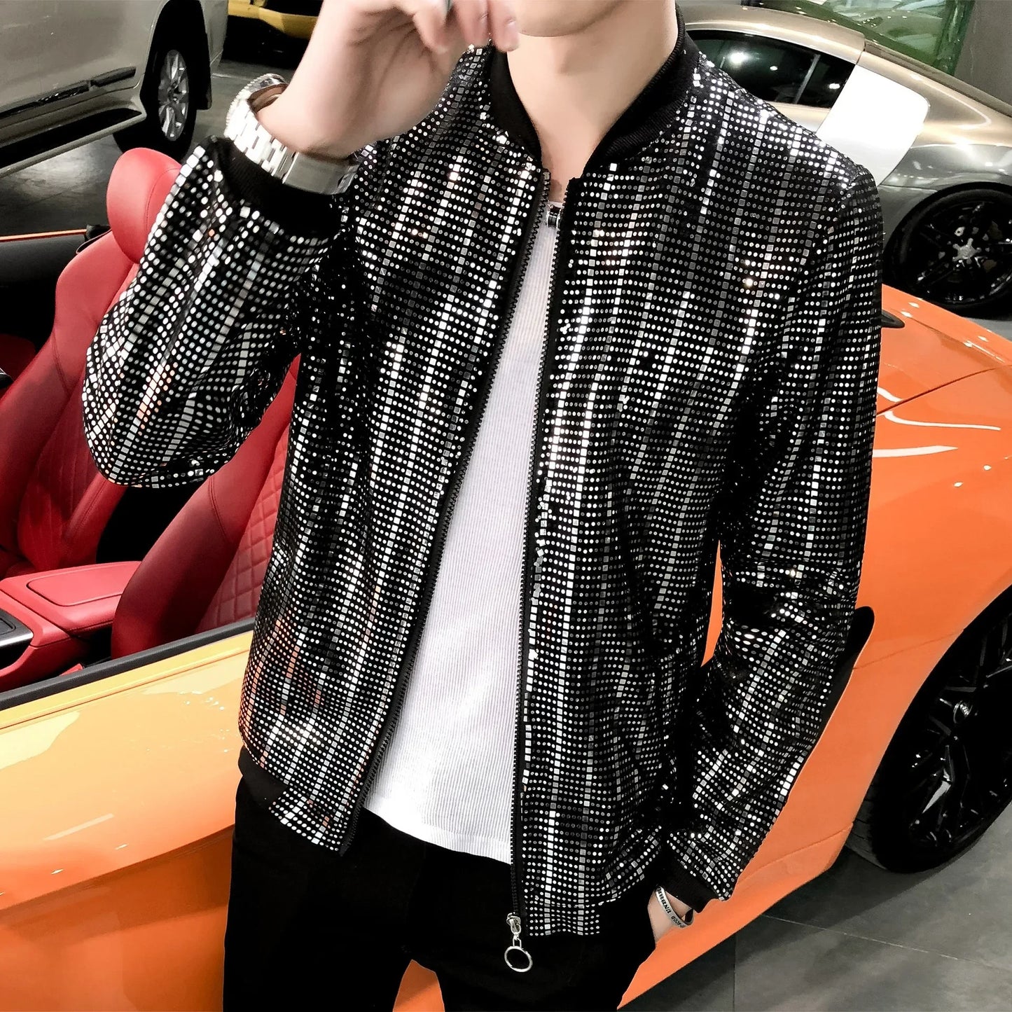 Unique Fashionable Men's Jacket Casual Style Thin Fabric Sequin Embellishment Nightclub Hair Stylist Special Design Wholesale-Style Heaven