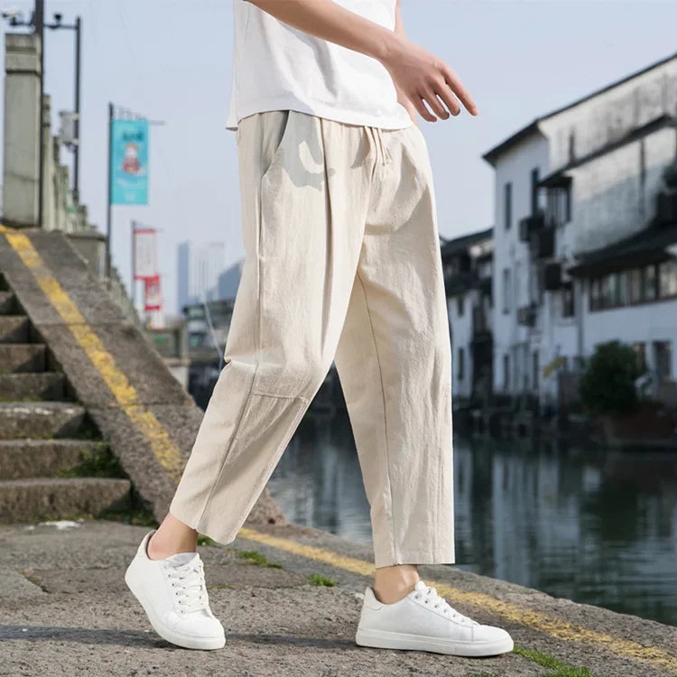 New Style Men's Cotton Linen Pants Summer Thin Loose Fit Bell Bottoms Casual Pants Simple Cropped Pants For Men - Clothing in ##color## by Style Heaven | High-Quality & Trendy Fashion