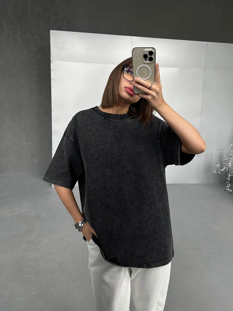 Acid Washed T Shirt Women Vintage Cotton T-shirts Streetwear Soft Mineral Tees Girl Loose Luxury Brand Tops Y2k