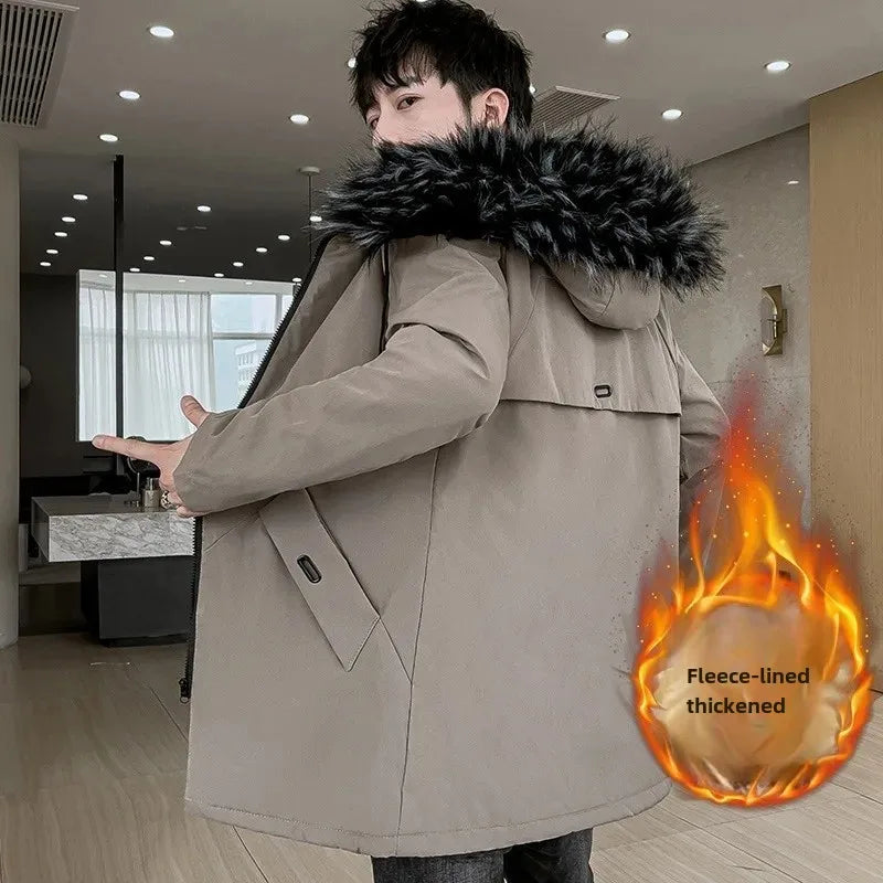 New Men's Medium-Length Thickened Cotton Jacket With Hoodie Warm Anti-Cold Loose Fit From China Mainland For All Seasons-Style Heaven