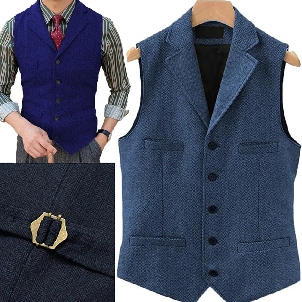 Tweed Herringbone Mens Suit Vest Slim Fit Notch Lapel With 4 Pockets Groomsmen Wedding Waistcoat For Wedding-Style Heaven