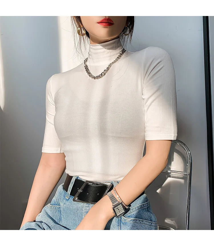 Basic Cotton T Shirt Women Turtleneck Slim Tshirt Short Sleeve T-shirts Female Casual Elasticity White Tee Shirt Femme Woman Top