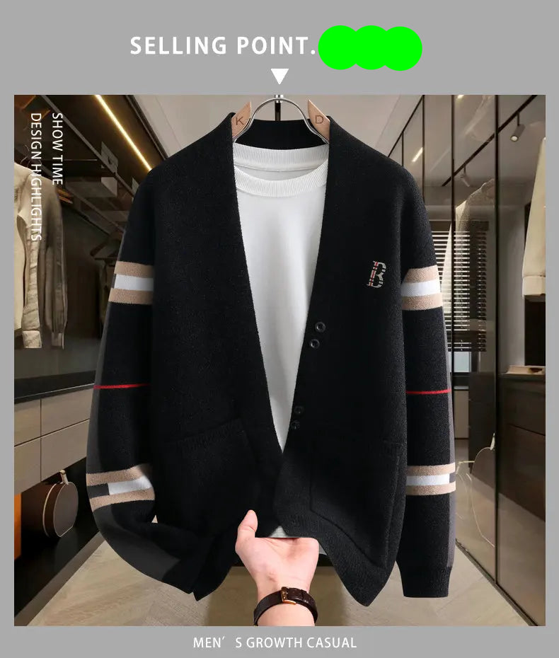 Autumn Winter Men's Sweaters Luxury Color Blocked Striped Jacquard Knit Cardigan Warm Keep Warm Thickened Knitted Coat Tops-Style Heaven