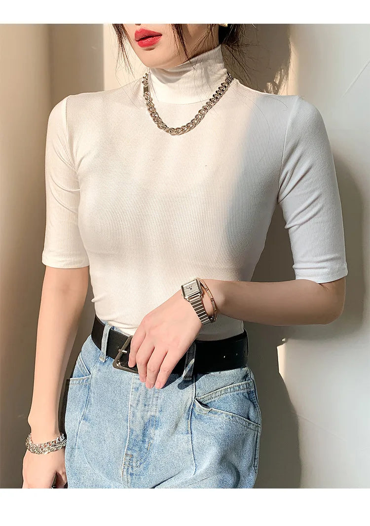 Basic Cotton T Shirt Women Turtleneck Slim Tshirt Short Sleeve T-shirts Female Casual Elasticity White Tee Shirt Femme Woman Top