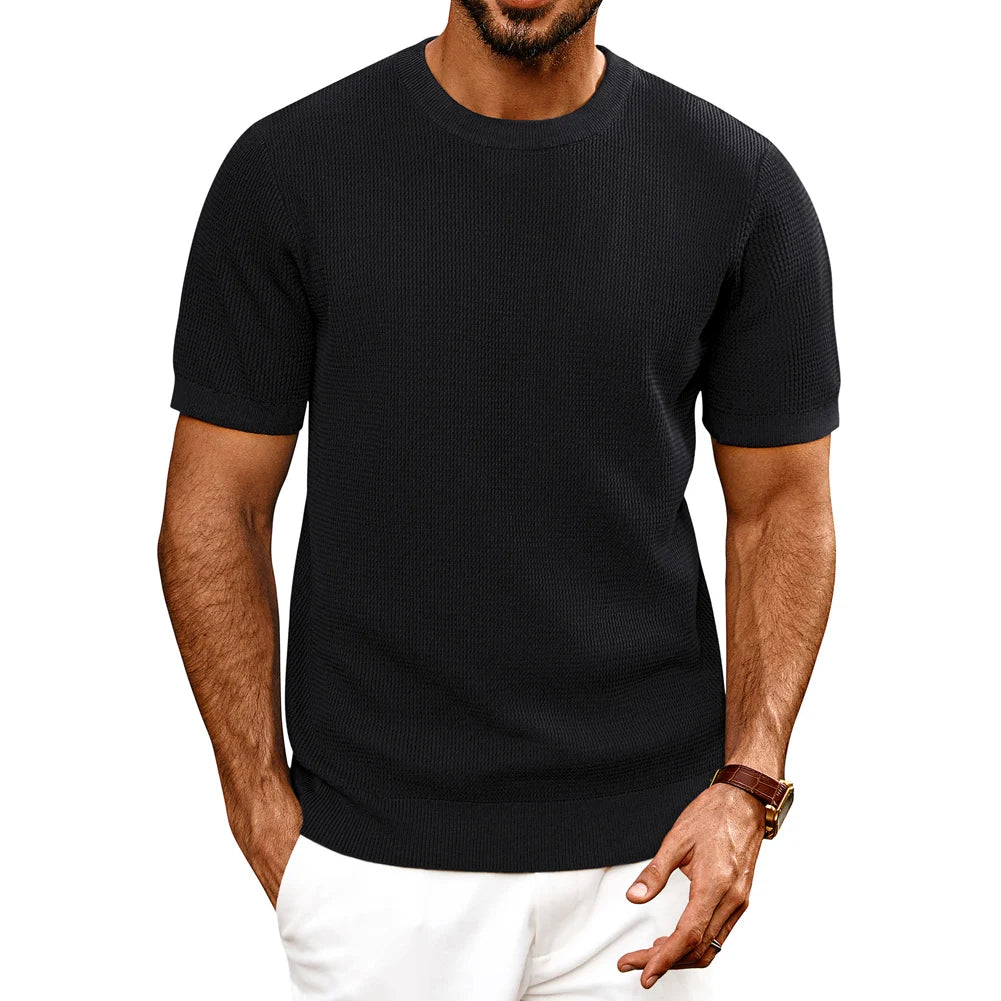 PJ Men Gentleman Basic Textured Knitted T-Shirt Short Sleeve Crew Neck Tops Knitwear High Stretch Fashion - Clothing Tops in ##color## by Style Heaven | High-Quality & Trendy Fashion