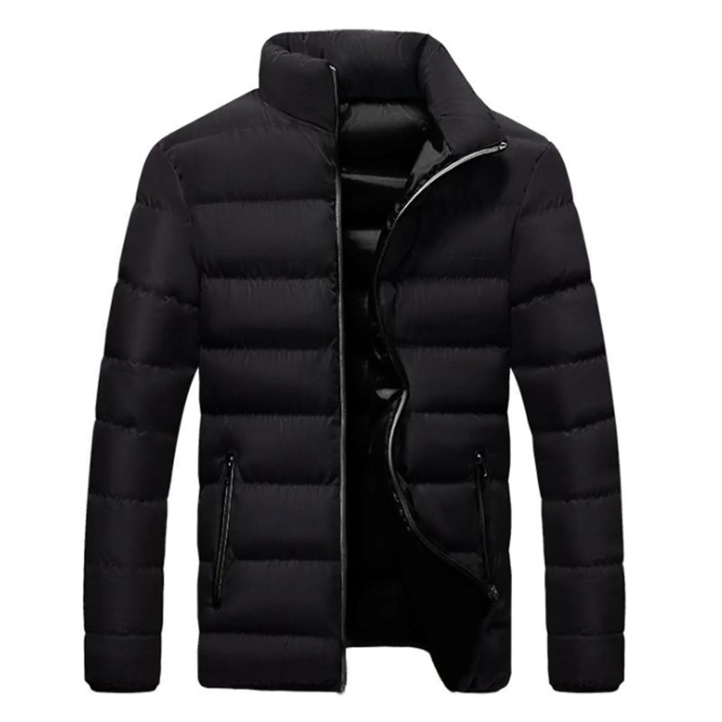 Men's Black Warm Lightweight Down Jackets Winter Zipper Stand Collar Slim Fit Cotton-Padded Clothes Sport Casual Outwears Coats-Style Heaven