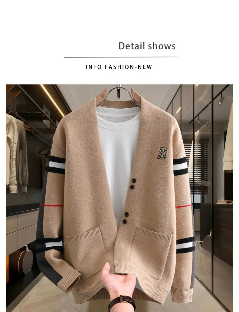 Autumn Winter Men's Sweaters Luxury Color Blocked Striped Jacquard Knit Cardigan Warm Keep Warm Thickened Knitted Coat Tops-Style Heaven