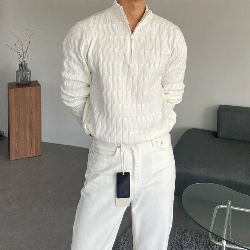 High-Neck Zipper Men's Knitted Sweater Long Sleeve Fashionable White Outerwear Casual Lazy Sle All-Match Spring Autumn-Style Heaven