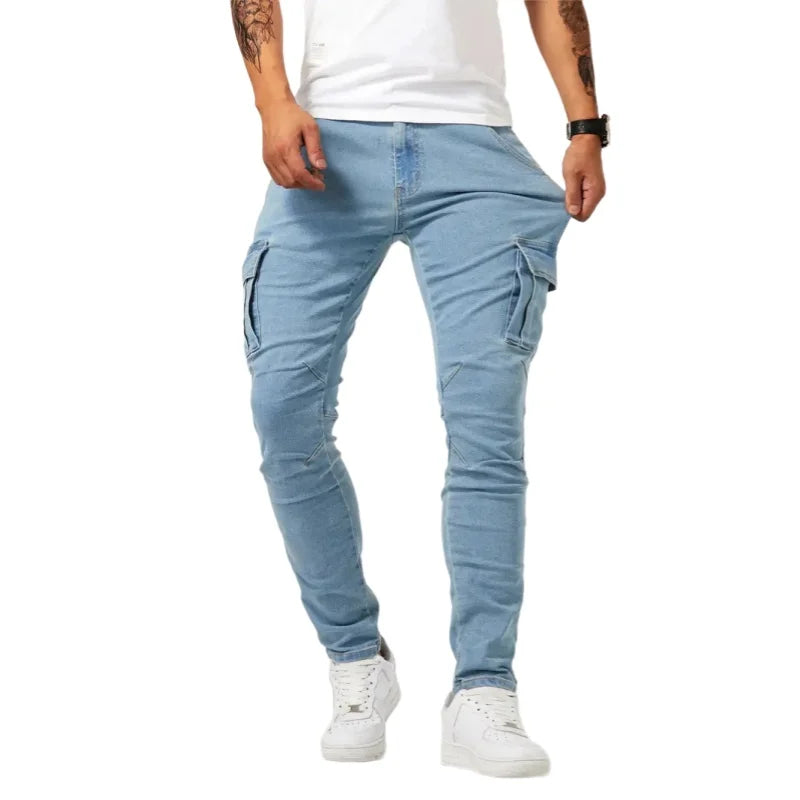 Men Elastic Skinny Jeans Soild Denim Pants Slim Fit Casual Jeans Multi Pocket Cargo Pants Fashion Casual Trousers Man Clothing-Style Heaven