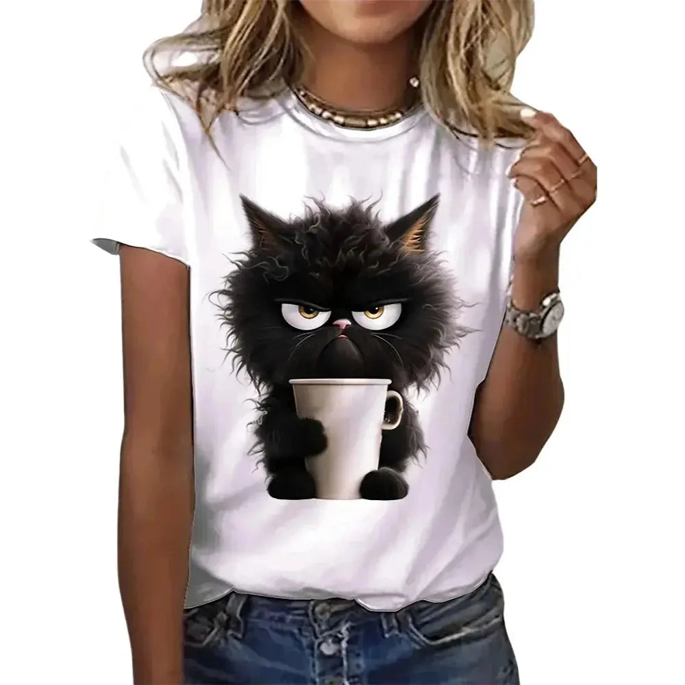 Funny Cat Women Summer White Print T-shirt Girl Casual Short Sleeve O Neck Top For Summer Female Animal Clothing-Style Heaven