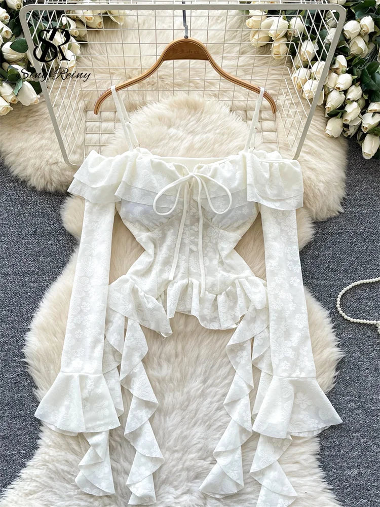 Korean Off Shoulder Sexy Blouse Female Long Flare Sleeves Ruffles Beach Shirt Summer Irregular Floral Hotsweet Top-Style Heaven