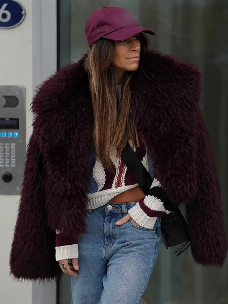 Brown Furry Faux Fur Short Coat For Women Fashion Long Sleeve Warm Thick Cardigan Jacket 2024 Winter Lady Street Outerwear