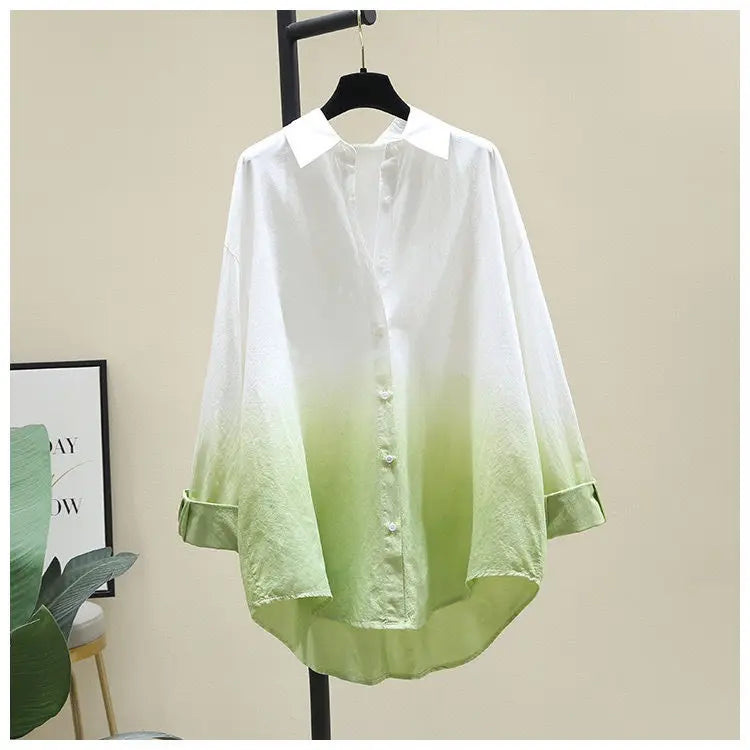 100% Pure Cotton Gradient Long Sleeved Shirt Spring Autumn New Casual Loose Loose Blouse Tops Commuting Trendy Clothes for Women-Style Heaven