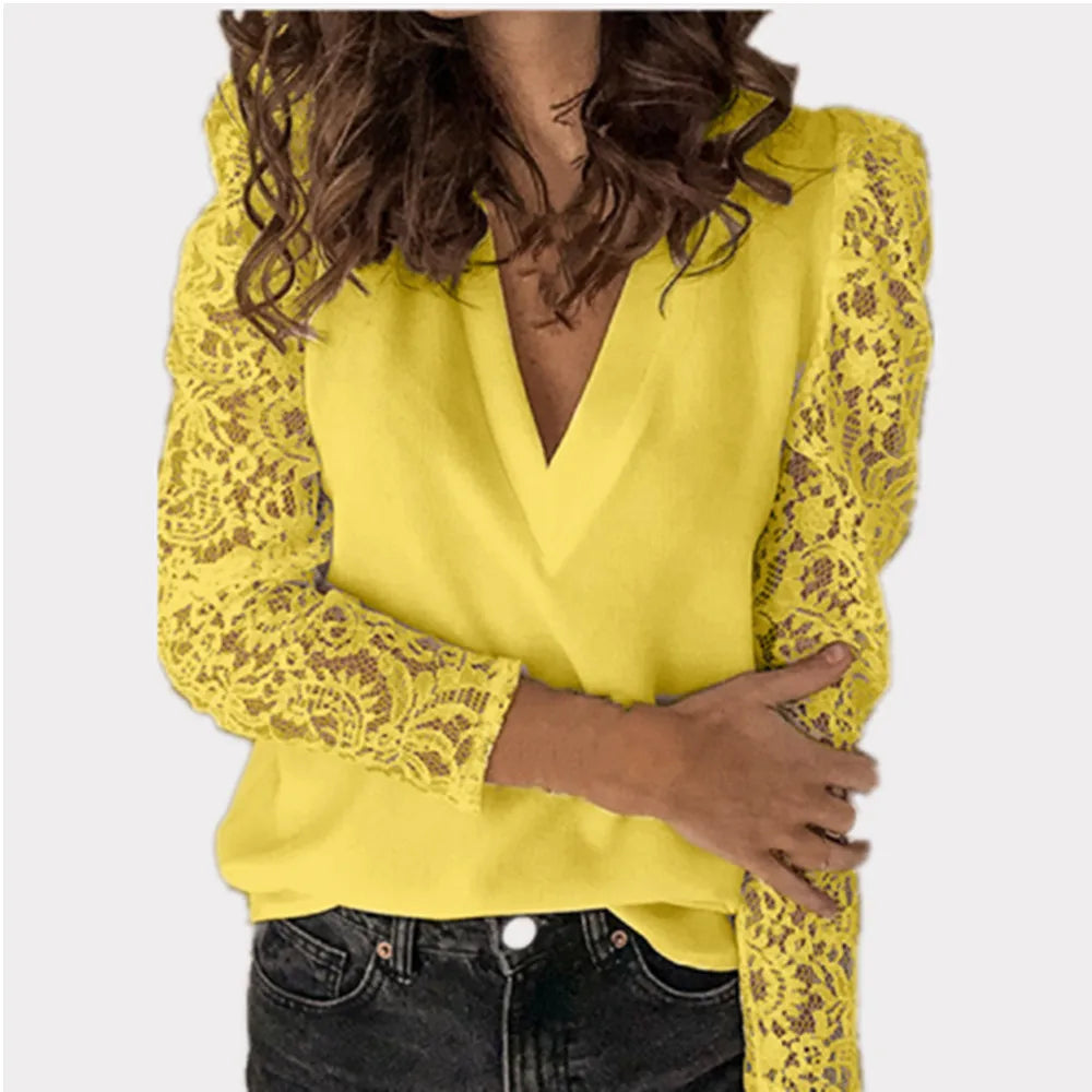 Spring/Summer New V-neck Commuter Shirt Spliced with Lace Solid Casual Long Sleeve Slim Fit Bottom for Women's Wear-Style Heaven