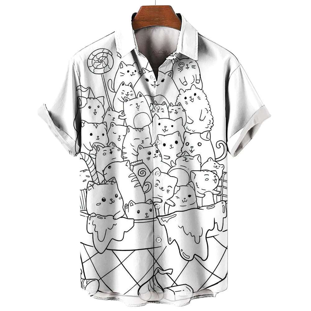 Summer Fashion Cartoon Animal Cat Print Men's Printed Short Sleeve Shirt Street Daily Casual Men Shirt Oversized Tops SIZE S-5XL - Clothing Tops in ##color## by Style Heaven | High-Quality & Trendy Fashion