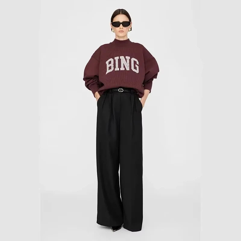 New Arrival Women's Loose Hoodie with Classic BING Printed Letters, Warm Fleece Lining and High Neck for Winter-Style Heaven