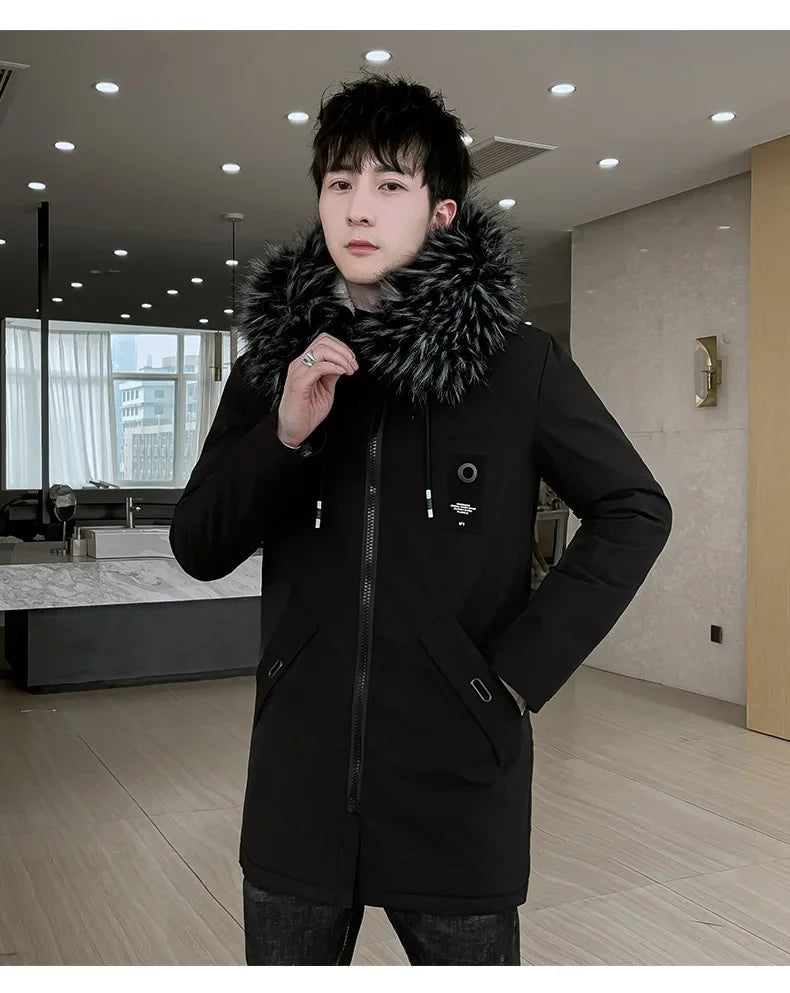 New Men's Medium-Length Thickened Cotton Jacket With Hoodie Warm Anti-Cold Loose Fit From China Mainland For All Seasons-Style Heaven