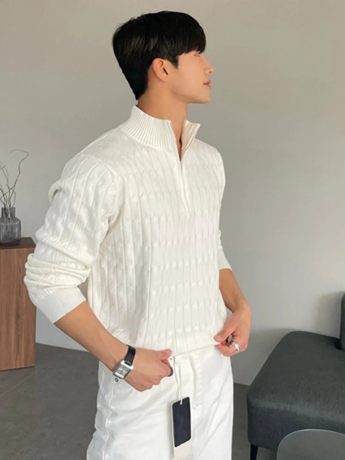 High-Neck Zipper Men's Knitted Sweater Long Sleeve Fashionable White Outerwear Casual Lazy Sle All-Match Spring Autumn-Style Heaven