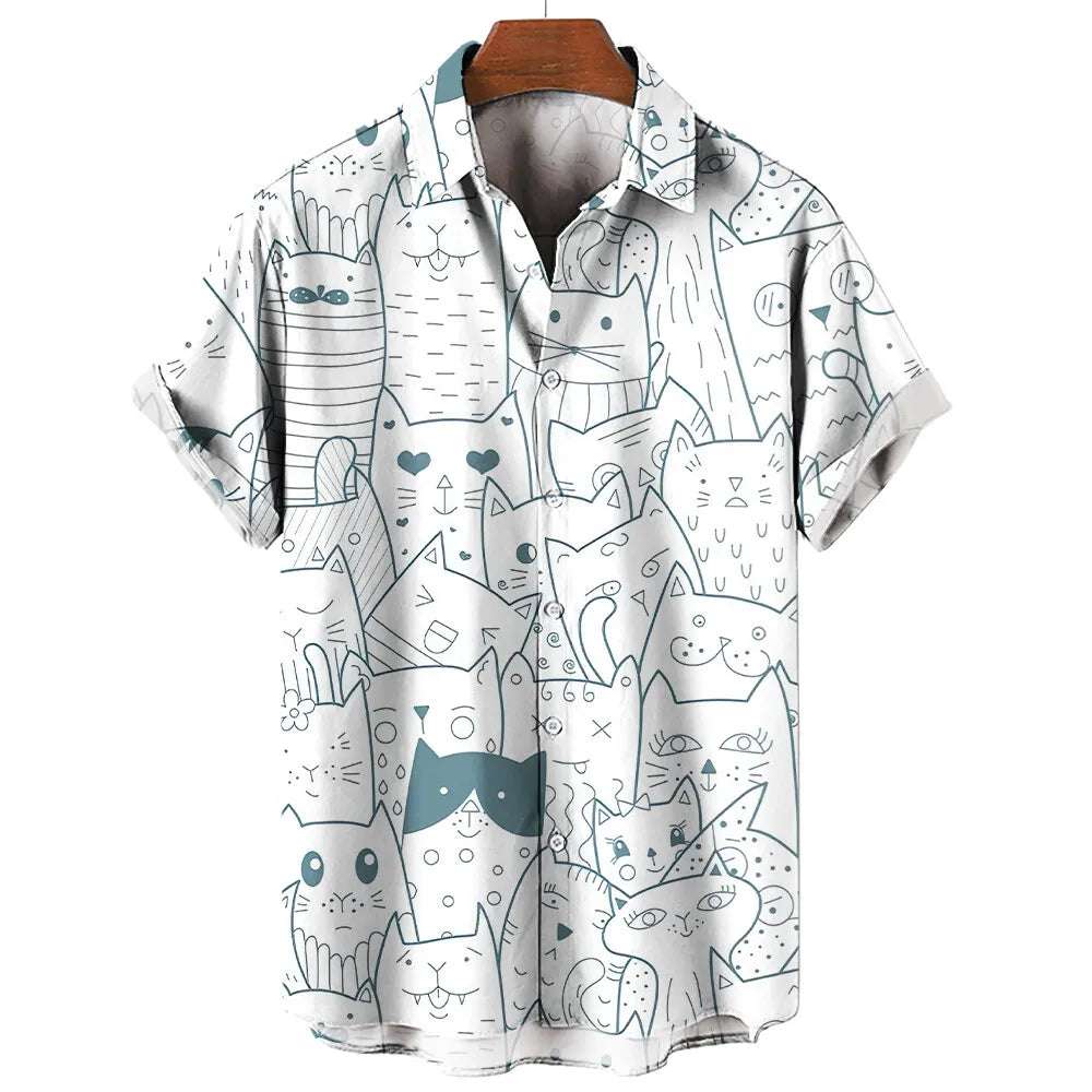 Summer Fashion Cartoon Animal Cat Print Men's Printed Short Sleeve Shirt Street Daily Casual Men Shirt Oversized Tops SIZE S-5XL - Clothing Tops in ##color## by Style Heaven | High-Quality & Trendy Fashion