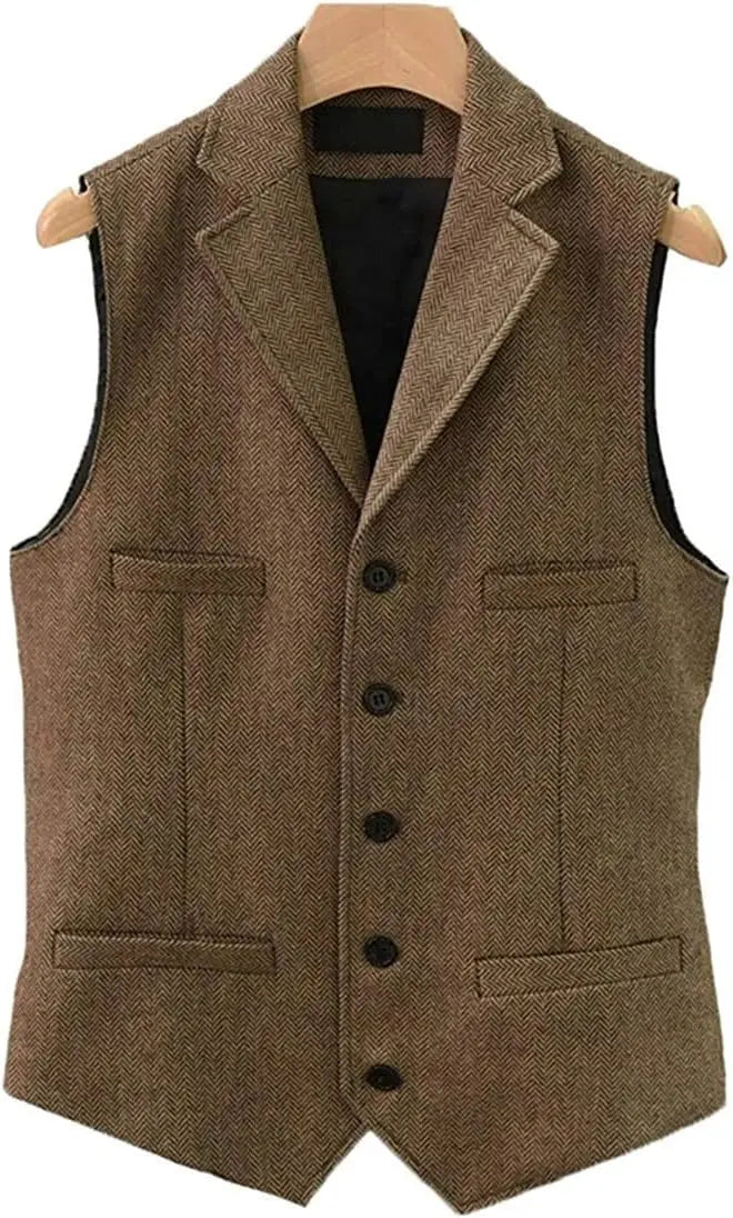 Tweed Herringbone Mens Suit Vest Slim Fit Notch Lapel With 4 Pockets Groomsmen Wedding Waistcoat For Wedding-Style Heaven