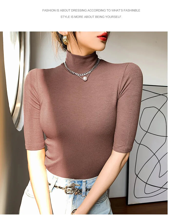 Basic Cotton T Shirt Women Turtleneck Slim Tshirt Short Sleeve T-shirts Female Casual Elasticity White Tee Shirt Femme Woman Top