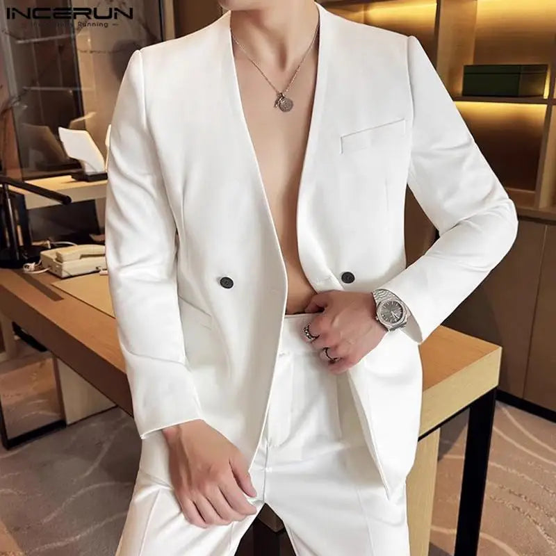 Men Sexy Solid Color Tops Casual Long Sleeve Blazer Bottun Pocket Elegant Suits Korean Fashion V-neck Coats S-5XL - Fashion Apparel in ##color## by Style Heaven | High-Quality & Trendy Fashion