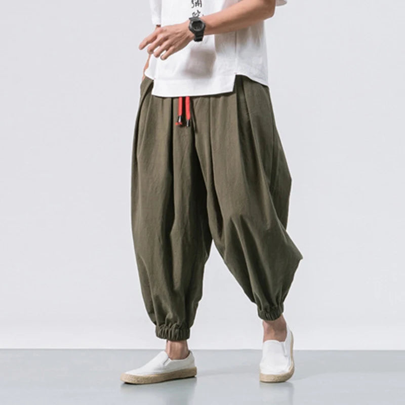 Cotton Linen Harem Pants Men Solid Elastic Waist Streetwear Joggers New Baggy Drop-crotch Pants Casual Trousers Men-Style Heaven