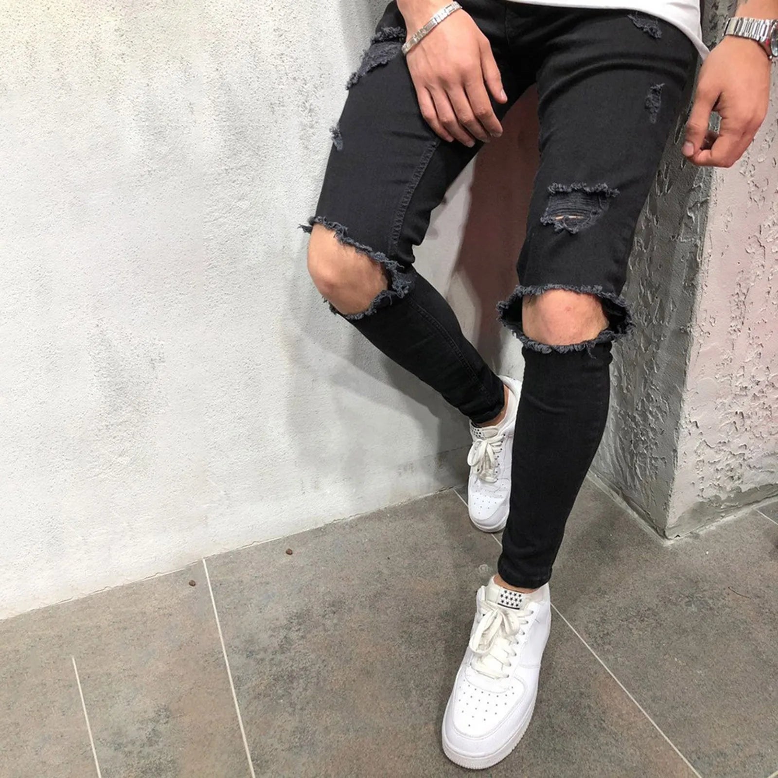 Men Pants Comfortable Jeans Slim Fit Small Feet Scratched Denim Ripped Jeans Streetwear Baggy Jeans Y2k Punk Long Trousers-Style Heaven