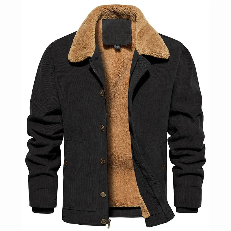 Men's Winter Corduroy Jacket Fleece Warm  Lined Cargo Work Jacket Casual Thick Sherpa Collar Trucker Deck Navy Coats-Style Heaven