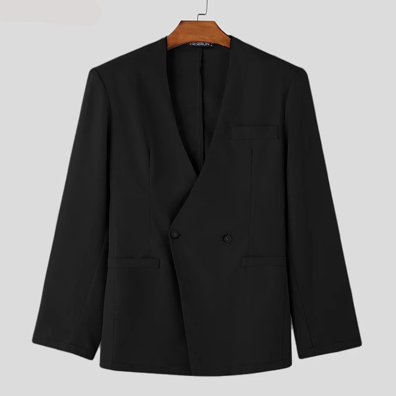 Men Sexy Solid Color Tops Casual Long Sleeve Blazer Bottun Pocket Elegant Suits Korean Fashion V-neck Coats S-5XL - Fashion Apparel in ##color## by Style Heaven | High-Quality & Trendy Fashion