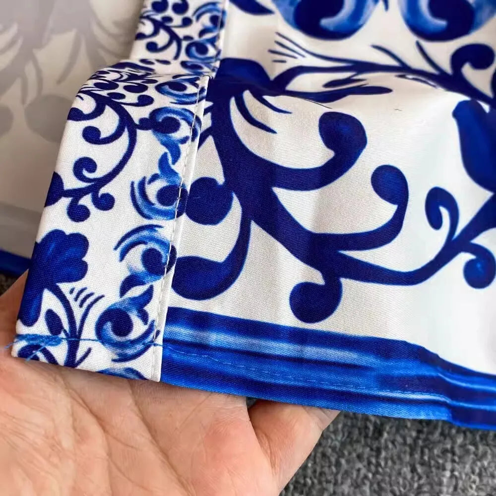 2025 Summer Blue White Porcelain Print Long Dress Shirt Women Single Breasted Flying Sleeve Elegant Floral Party Maxi Vestidos-Style Heaven