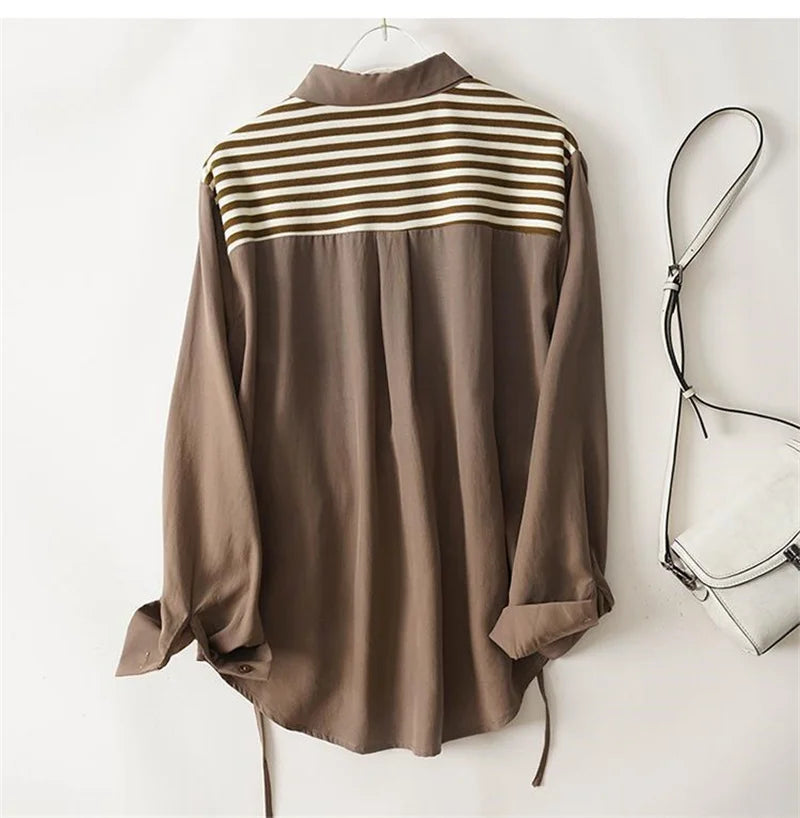 Spring And Summer Single-Breasted Shirt Loose Knitted Stitching Casual Long-Sleeved Shirt Women 150 KG-Style Heaven