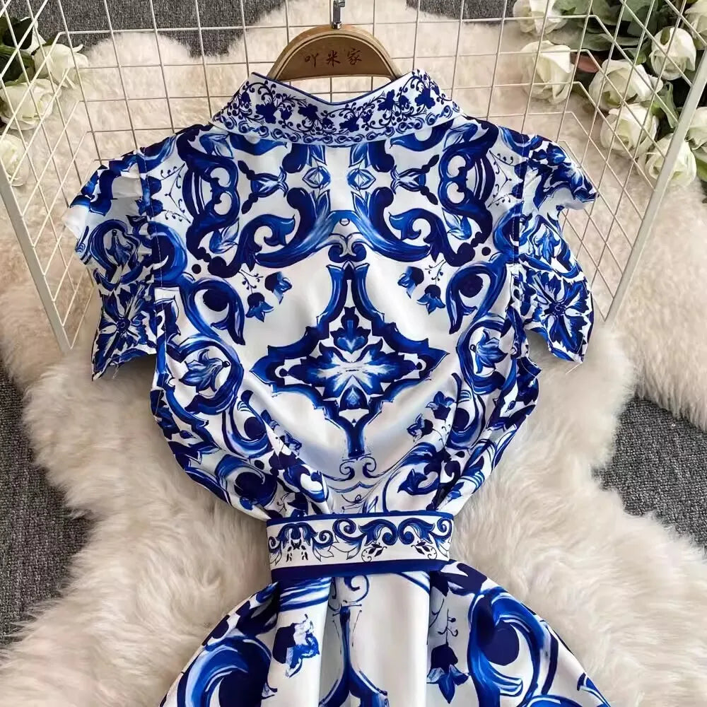 2025 Summer Blue White Porcelain Print Long Dress Shirt Women Single Breasted Flying Sleeve Elegant Floral Party Maxi Vestidos-Style Heaven