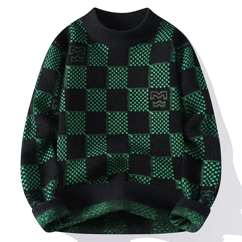 New Checkered Knitted Sweater American Trendy Men's Tops Classic Autumn Knitted Hoodie Fashionable Slimming Harajuku-Style Heaven