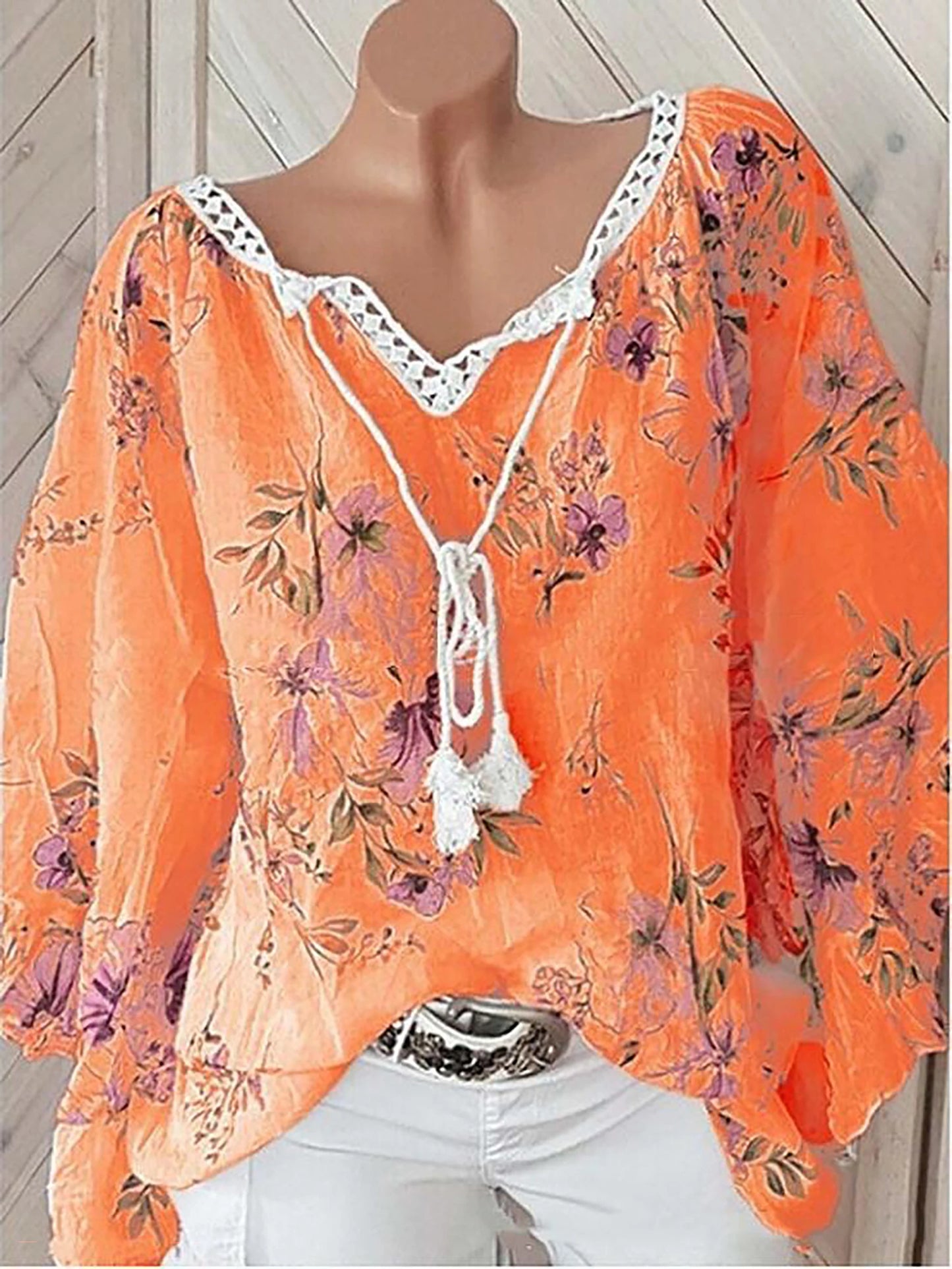 Europe and the United States spring and summer new women's top V-neck splicing print large size long-sleeved shirt women-Style Heaven