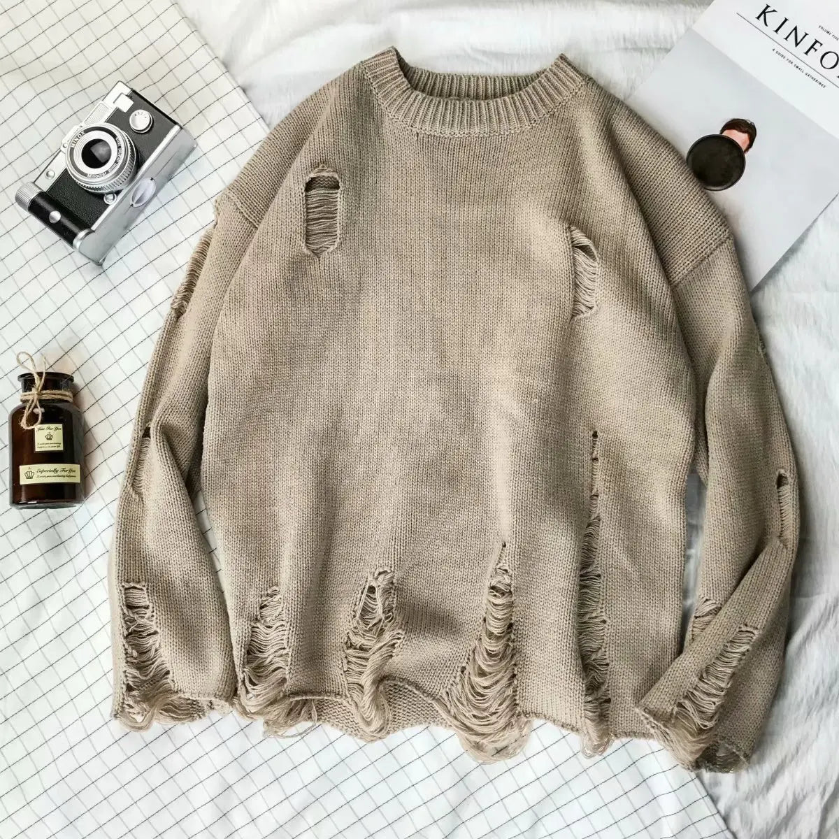 Men Women Streetwear Hip Hop Pullovers Jumper Fashion Oversized All-match Men Spring Wash Hole Ripped Knit Sweaters-Style Heaven