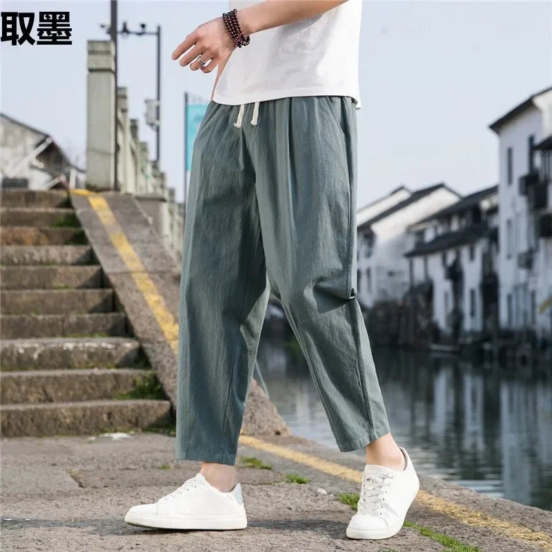 New Style Men's Cotton Linen Pants Summer Thin Loose Fit Bell Bottoms Casual Pants Simple Cropped Pants For Men - Clothing in ##color## by Style Heaven | High-Quality & Trendy Fashion