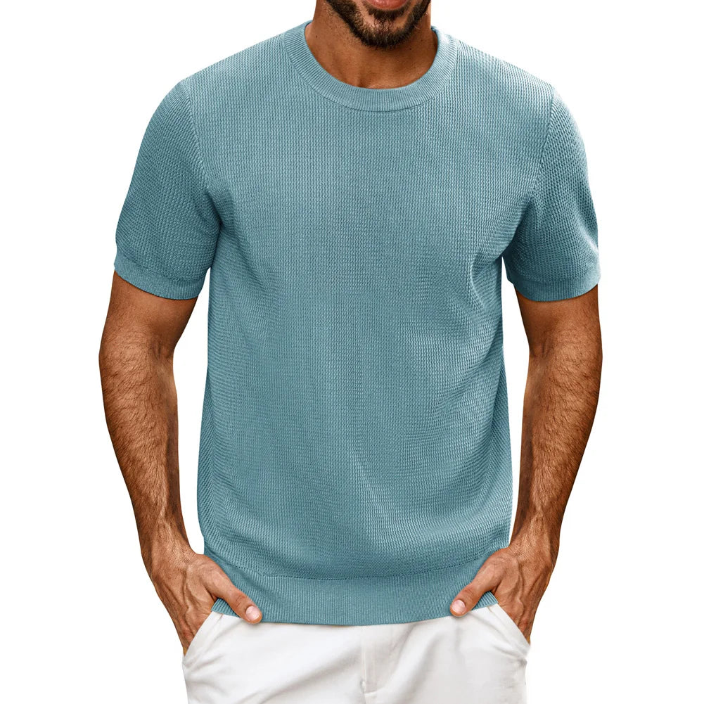 PJ Men Gentleman Basic Textured Knitted T-Shirt Short Sleeve Crew Neck Tops Knitwear High Stretch Fashion - Clothing Tops in ##color## by Style Heaven | High-Quality & Trendy Fashion