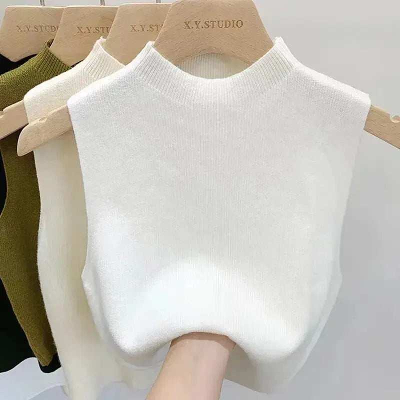 1PC Fashion Half Turtleneck Knitted Tank Top Summer Women Casual Solid Color Sleeveless Vest-Style Heaven