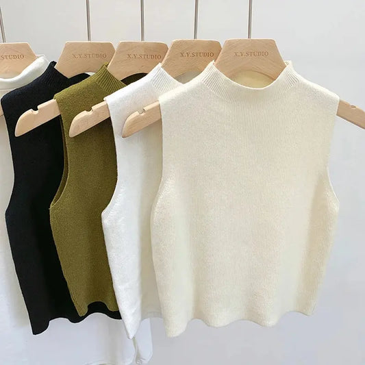 1PC Fashion Half Turtleneck Knitted Tank Top Summer Women Casual Solid Color Sleeveless Vest