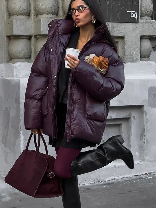 2024 Winter Chic Flip Pockets Burgundy Padded Jackets For Women Elegant Thicken Warm Zipper Cotton Coat Lady Commute Streetwear